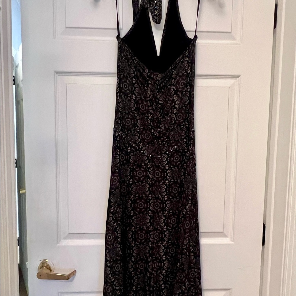 Black Lace-Trim Halter Dress with Subtle Pattern